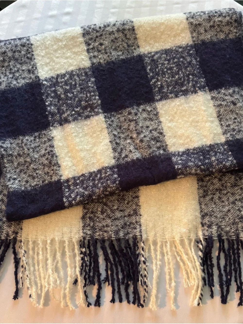Cozy purple and Cream Plaid shawl with Fringe
